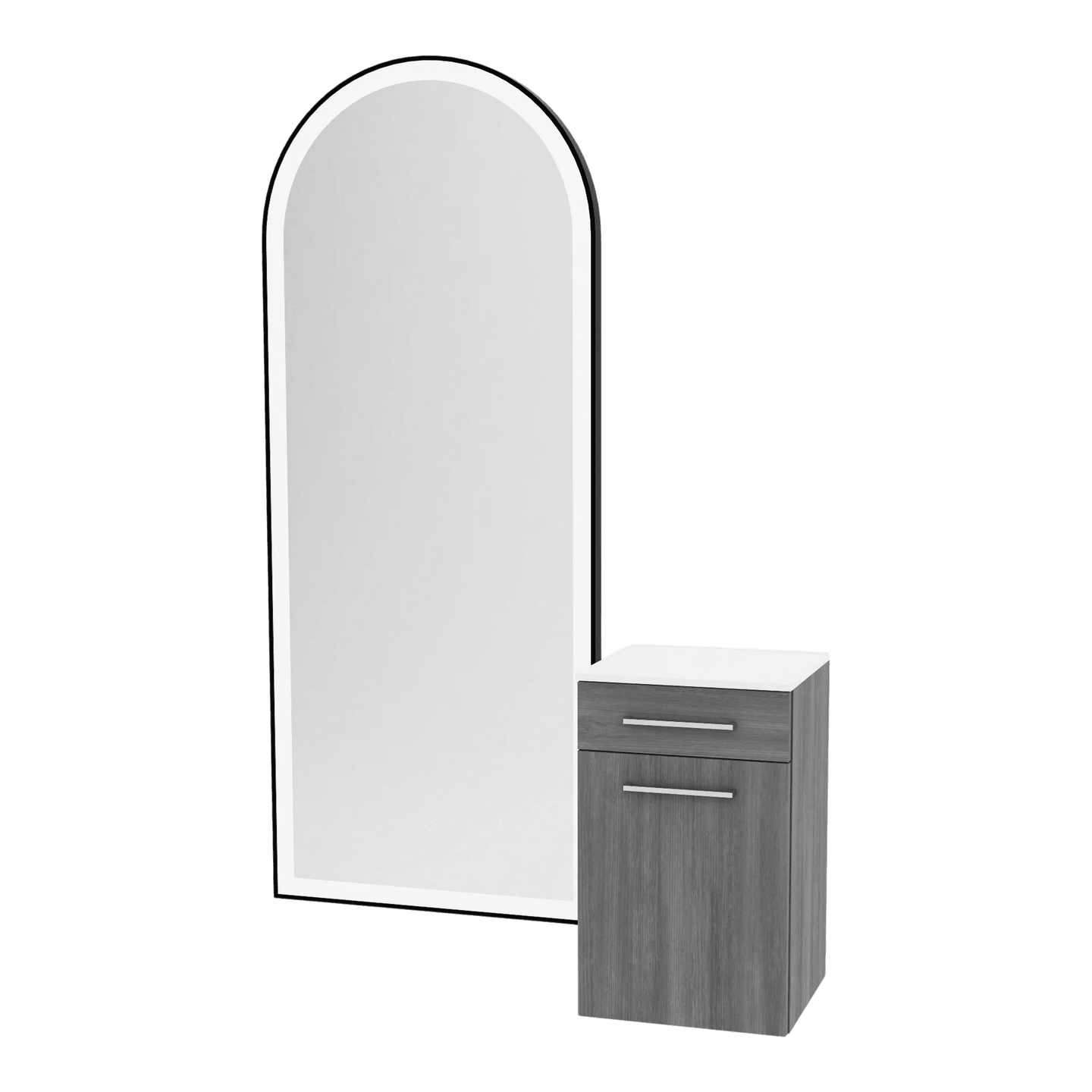Glo Wall Mount Styling Station with Tilt-out Appliance Holder, Solid Surface Countertop, and Black Full-Length Arch Paloma Mirror - Kaemark