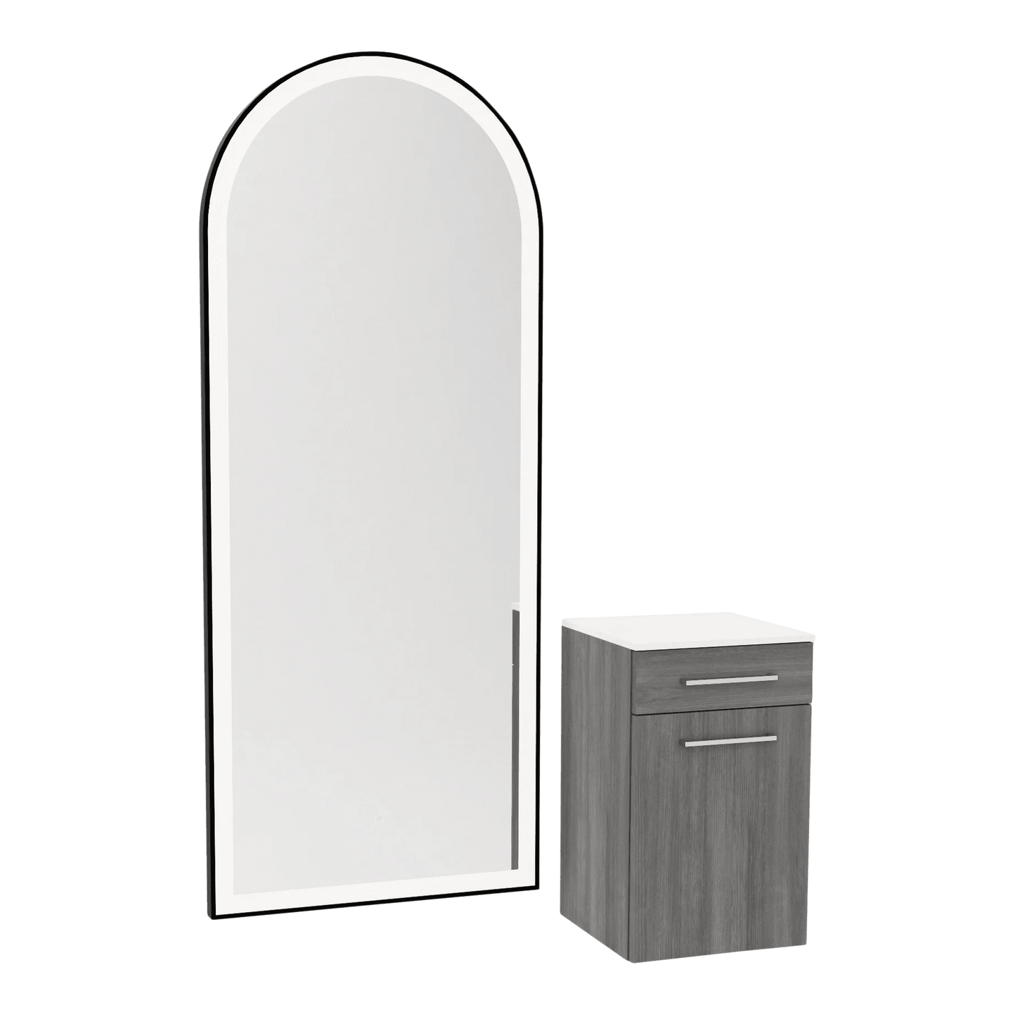 Glo Wall Mount Styling Station with Tilt-out Appliance Holder, Solid Surface Countertop, and Black Full-Length Arch Paloma Mirror - Kaemark