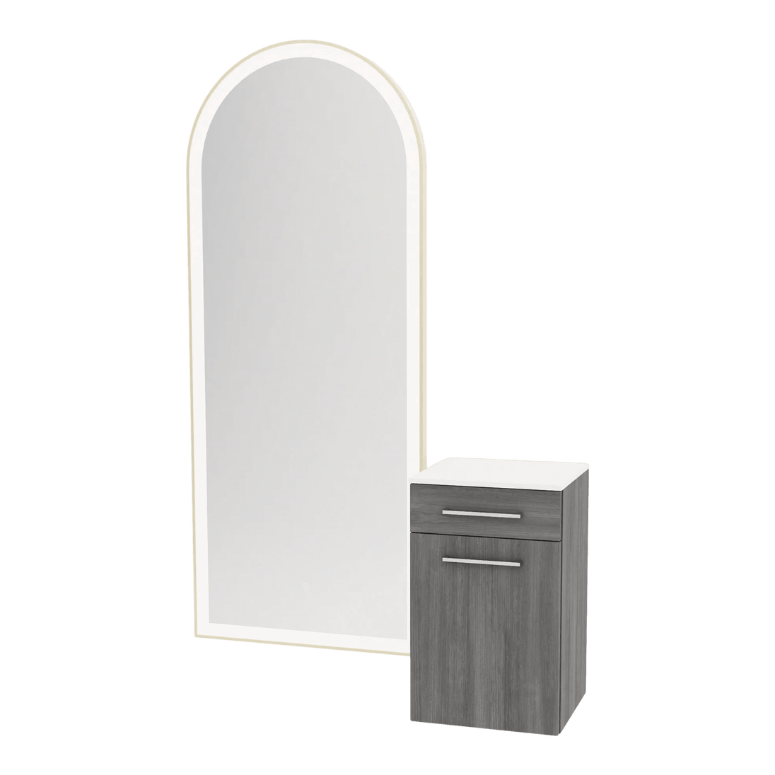 Glo Wall Mount Styling Station with Tilt-out Appliance Holder, Solid Surface Countertop, and Gold Full-Length Arch Paloma Mirror - Kaemark