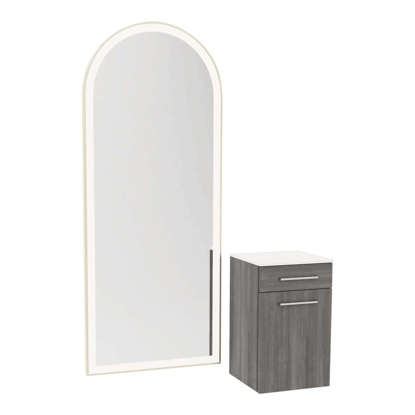 Glo Wall Mount Styling Station with Tilt-out Appliance Holder, Solid Surface Countertop, and Gold Full-Length Arch Paloma Mirror - Kaemark