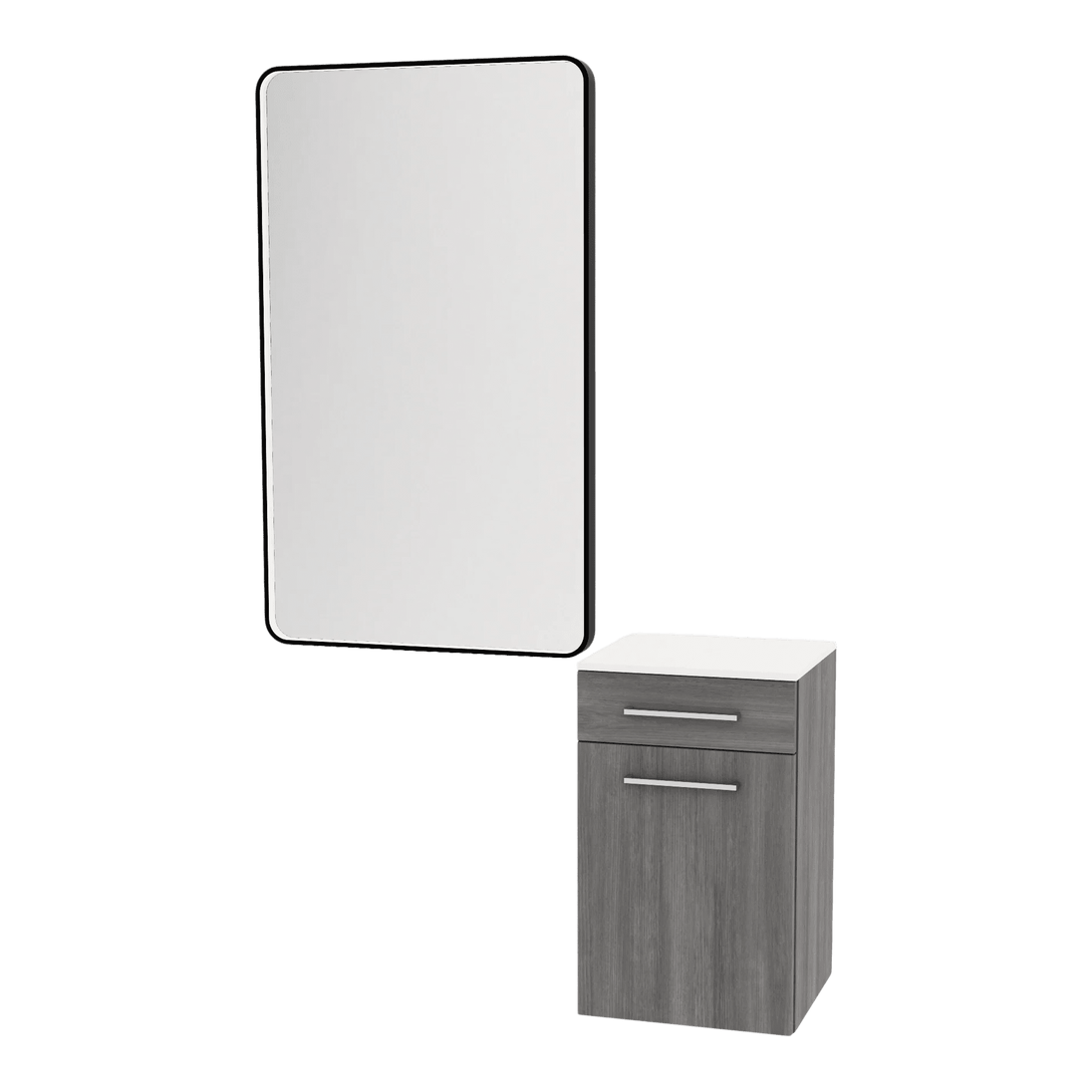 Glo Laminate Wall Mount Styling Station with Solid Surface Countertop, Tilt-Out Appliance Holder, and Westin Rectangle Mirror - Kaemark
