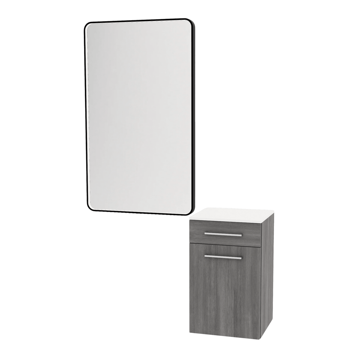 Glo Laminate Wall Mount Styling Station with Solid Surface Countertop, Tilt-Out Appliance Holder, and Westin Rectangle Mirror - Kaemark