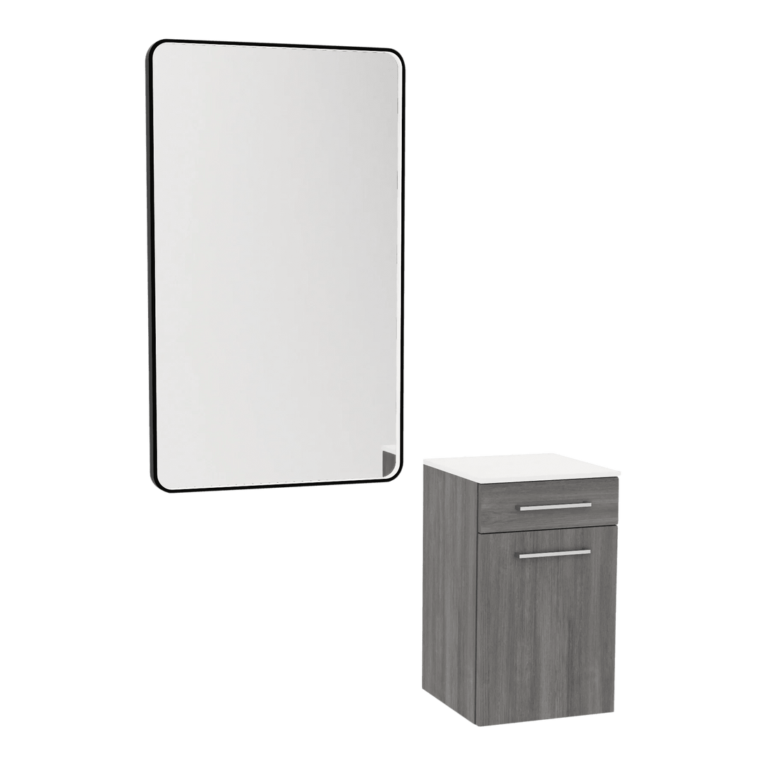 Glo Laminate Wall Mount Styling Station with Solid Surface Countertop, Tilt-Out Appliance Holder, and Westin Rectangle Mirror - Kaemark