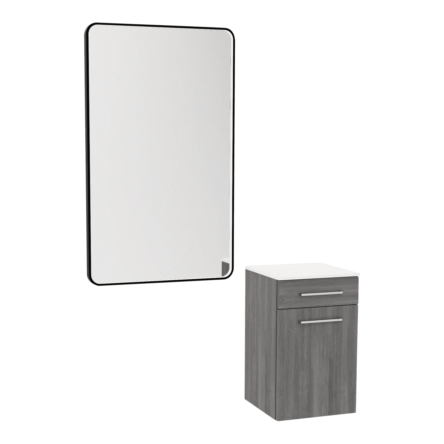 Glo Laminate Wall Mount Styling Station with Solid Surface Countertop, Tilt-Out Appliance Holder, and Westin Rectangle Mirror - Kaemark
