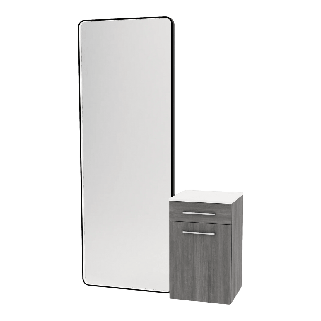 Glo Wall Mount Styling Station with Tilt-out Appliance Holder, Solid Surface Countertop, and Black Full-Length Rectangle Westin Mirror - Kaemark