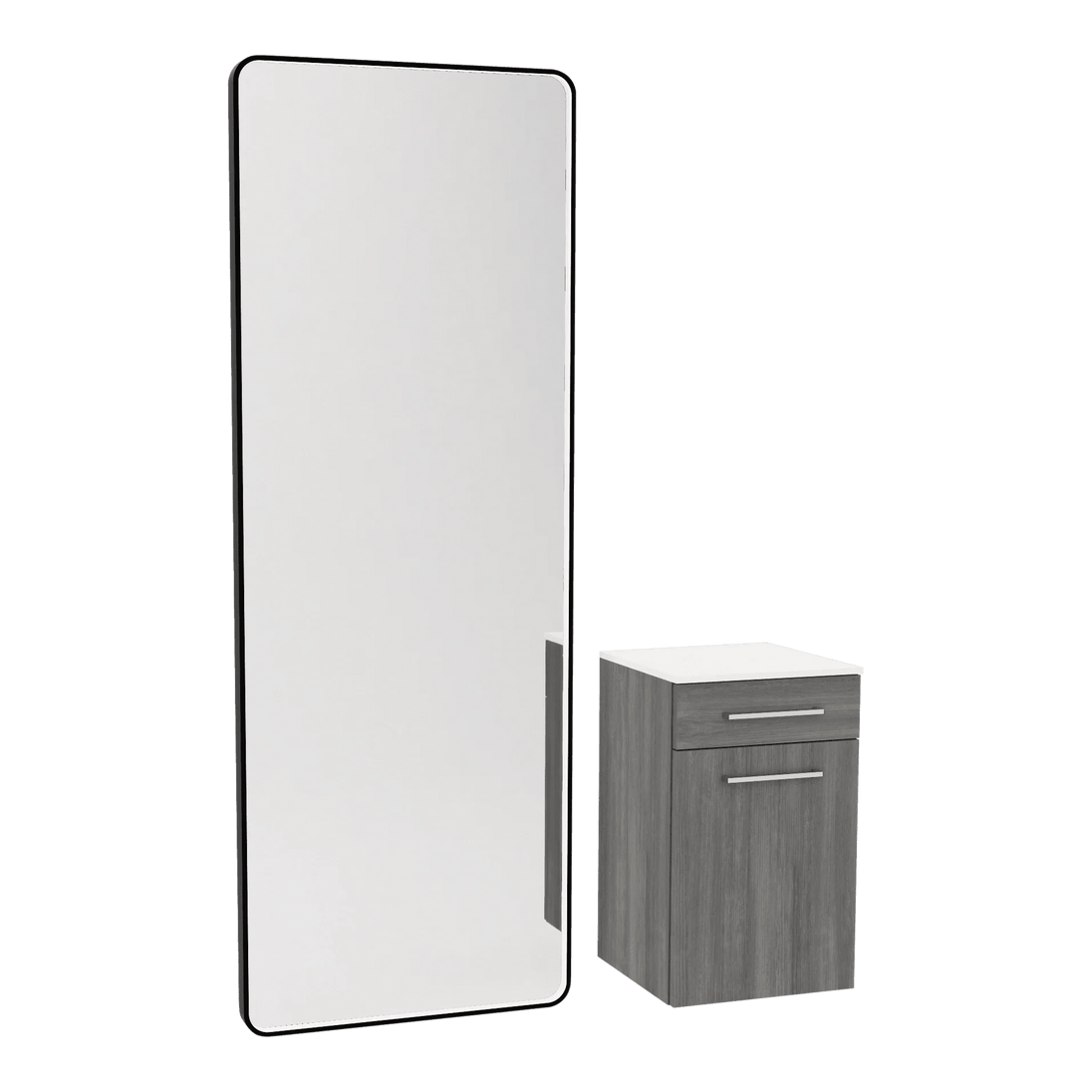 Glo Wall Mount Styling Station with Tilt-out Appliance Holder, Solid Surface Countertop, and Black Full-Length Rectangle Westin Mirror - Kaemark