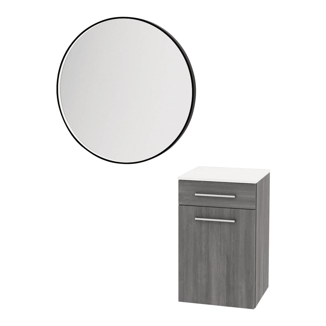 Glo Wall Mount Styling Station with Tilt-out Appliance Holder, Solid Surface Countertop, and Silver Round Glo Mirror - Kaemark