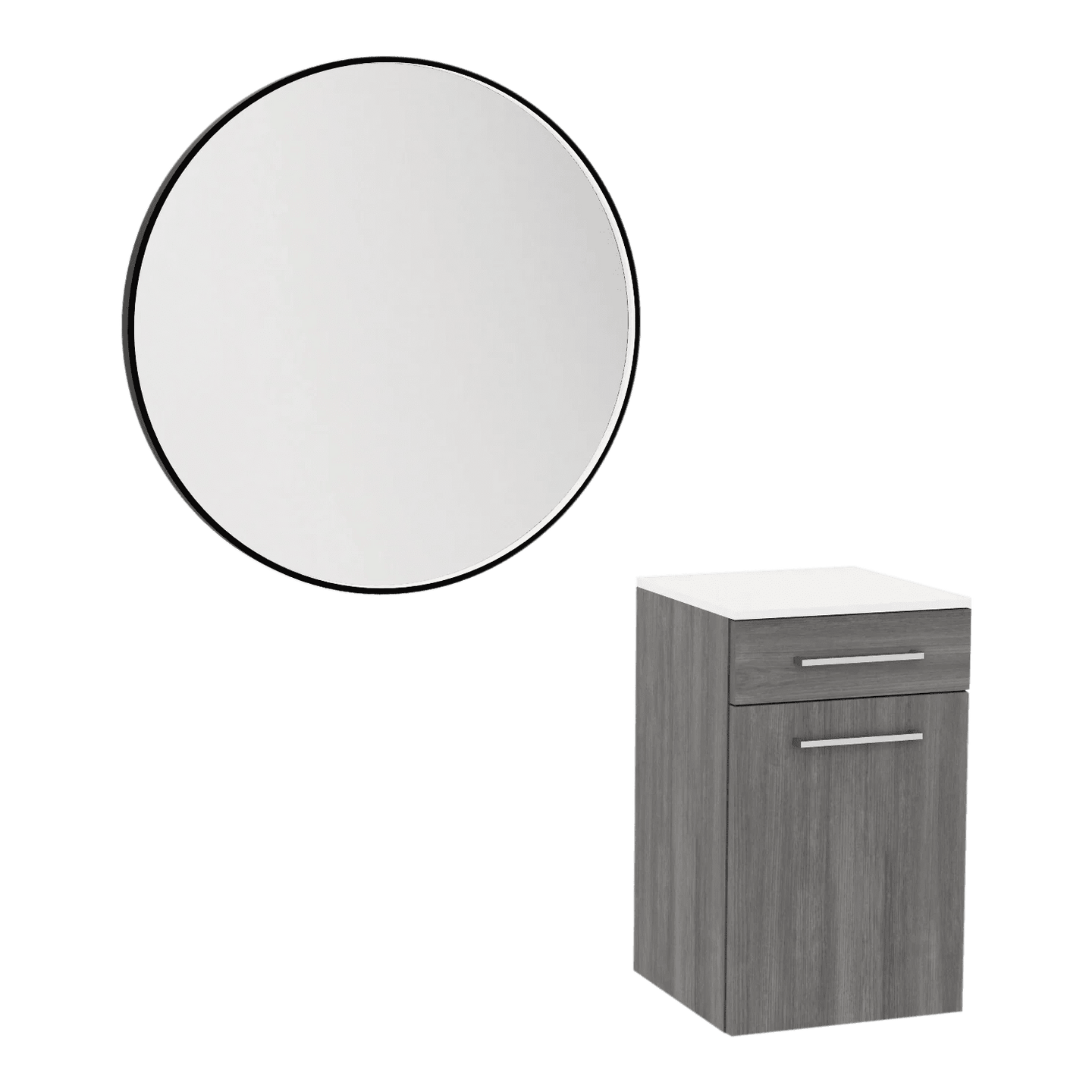Glo Wall Mount Styling Station with Tilt-out Appliance Holder, Solid Surface Countertop, and Black Round Westin Mirror - Kaemark