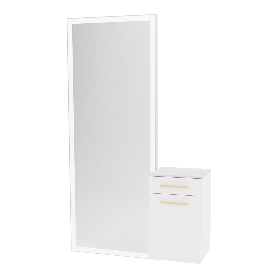 Glo Wall Mount Styling Station with Tilt-out Appliance Holder, Solid Surface Countertop, and Silver Full-Length Rectangle Glo Mirror - Kaemark