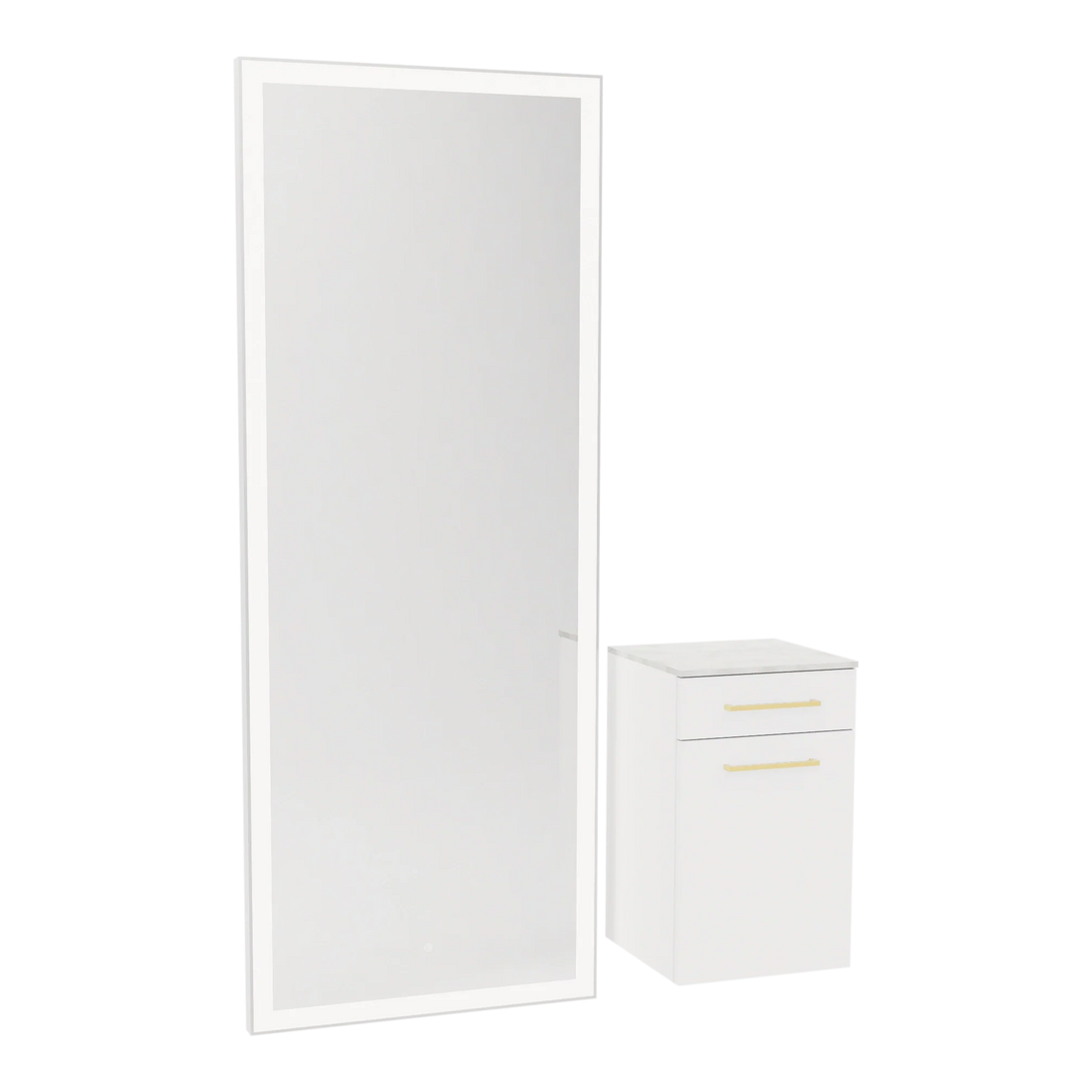 Glo Wall Mount Styling Station with Tilt-out Appliance Holder, Solid Surface Countertop, and Silver Full-Length Rectangle Glo Mirror - Kaemark