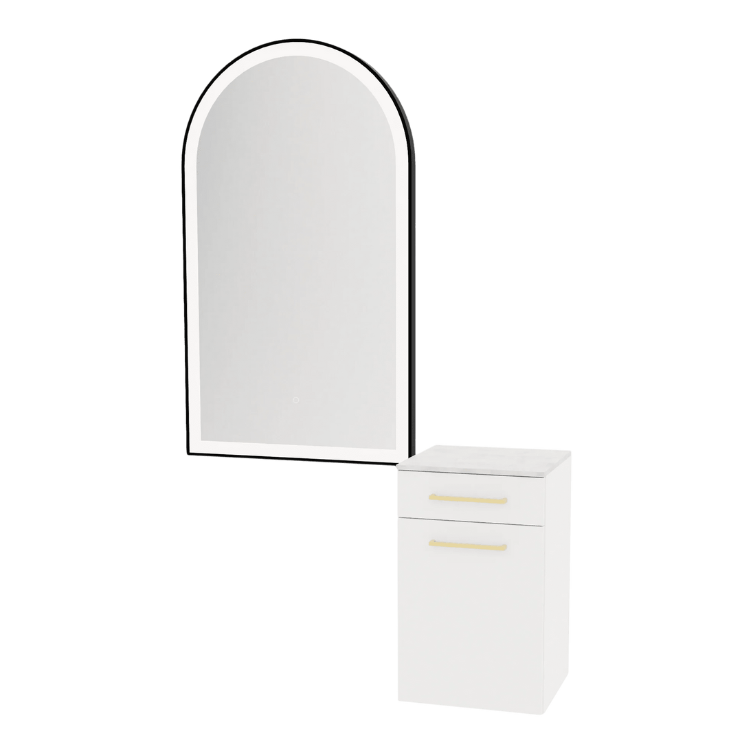 Glo Wall Mount Styling Station with Tilt-out Appliance Holder, Solid Surface Countertop, and Black Arch Paloma Mirror - Kaemark