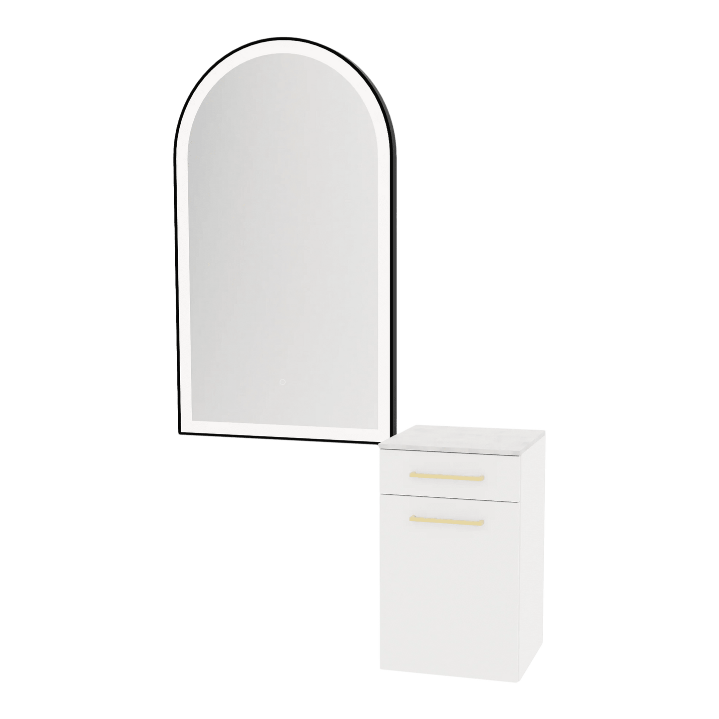Glo Wall Mount Styling Station with Tilt-out Appliance Holder, Solid Surface Countertop, and Black Arch Paloma Mirror - Kaemark