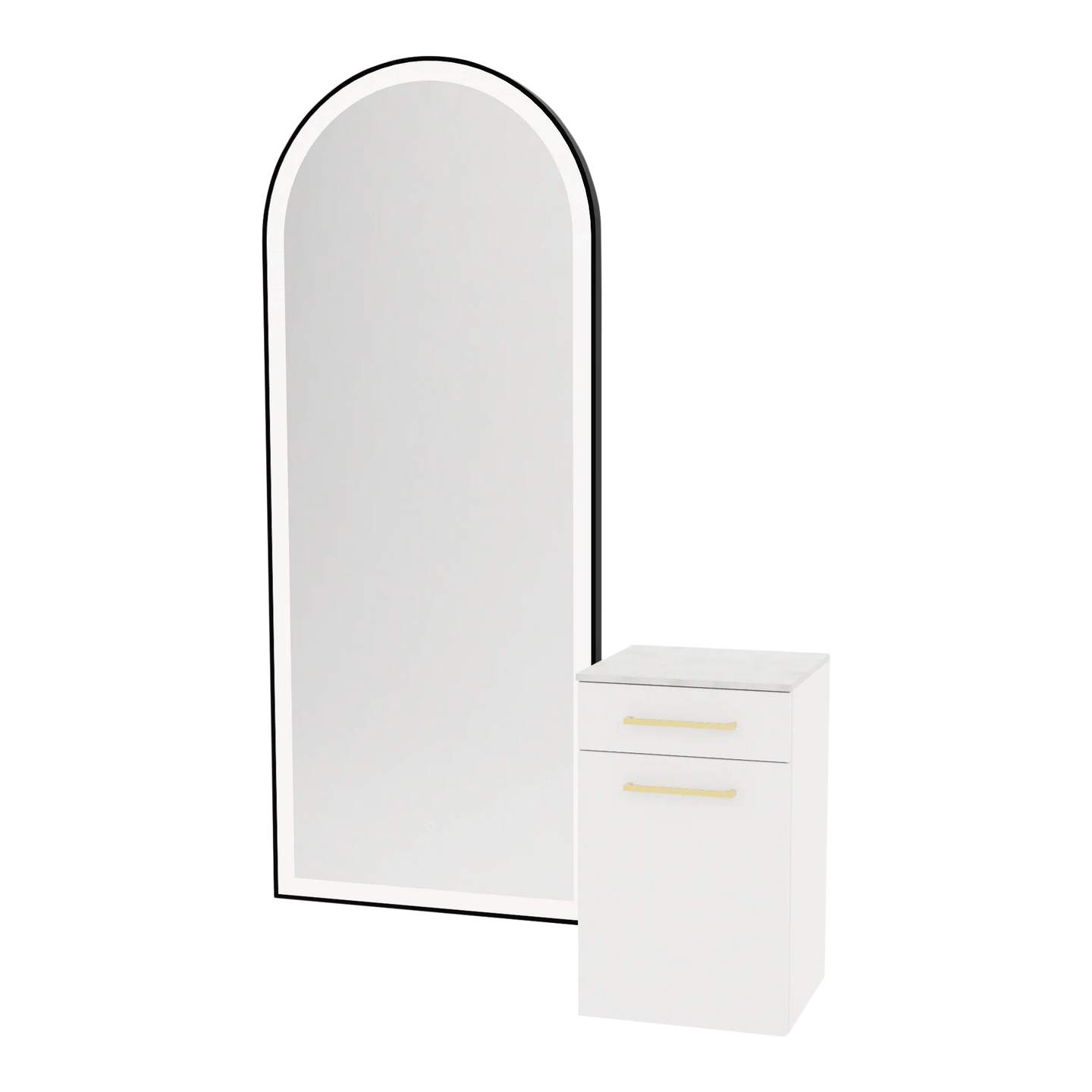 Glo Wall Mount Styling Station with Tilt-out Appliance Holder, Solid Surface Countertop, and Black Full-Length Arch Paloma Mirror - Kaemark