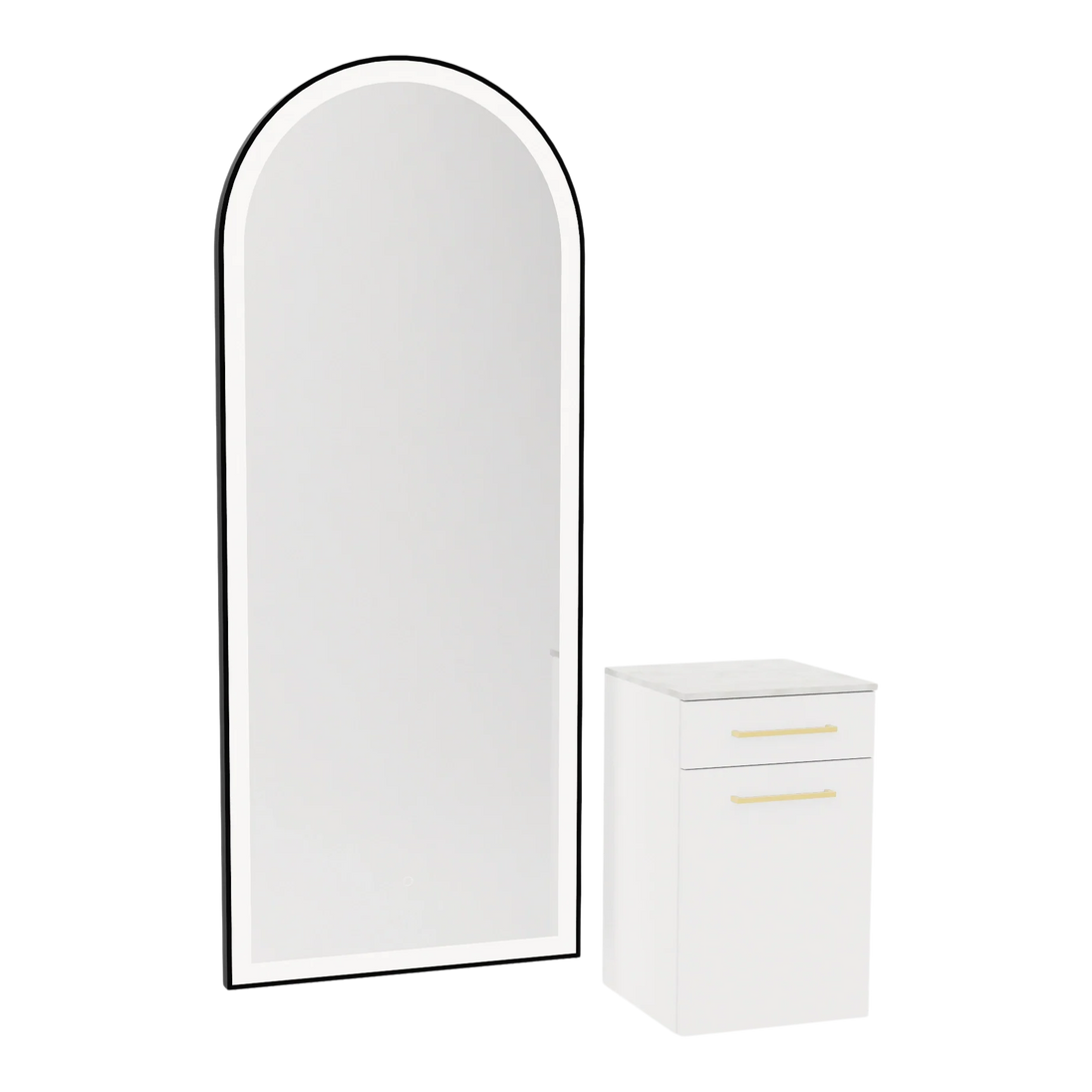 Glo Wall Mount Styling Station with Tilt-out Appliance Holder, Solid Surface Countertop, and Black Full-Length Arch Paloma Mirror - Kaemark