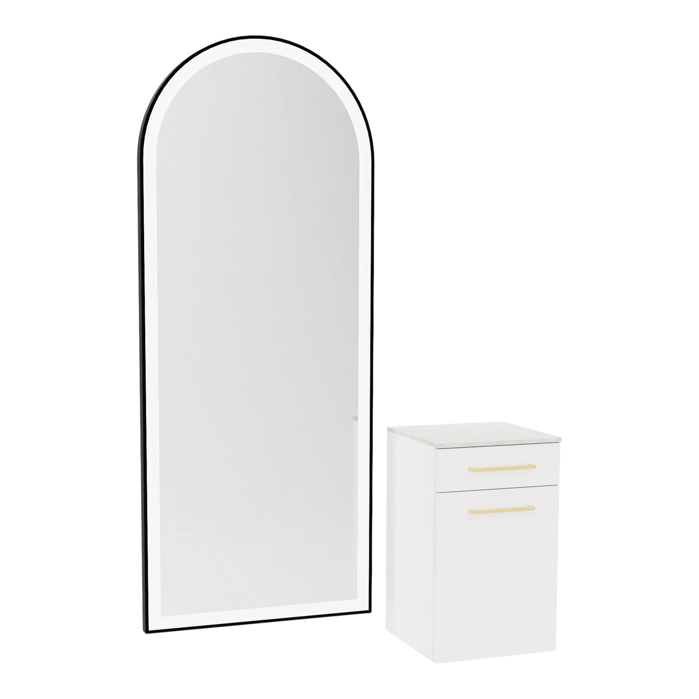 Glo Wall Mount Styling Station with Tilt-out Appliance Holder, Solid Surface Countertop, and Black Full-Length Arch Paloma Mirror - Kaemark