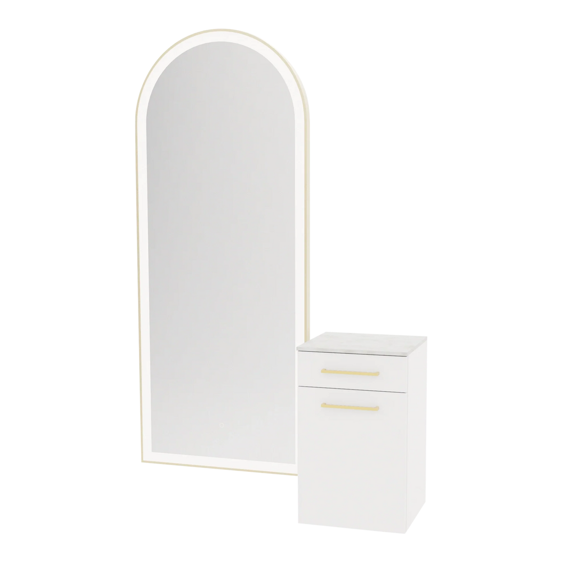 Glo Wall Mount Styling Station with Tilt-out Appliance Holder, Solid Surface Countertop, and Gold Full-Length Arch Paloma Mirror - Kaemark