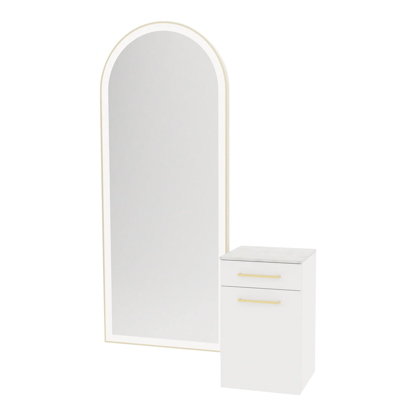 Glo Wall Mount Styling Station with Tilt-out Appliance Holder, Solid Surface Countertop, and Gold Full-Length Arch Paloma Mirror - Kaemark