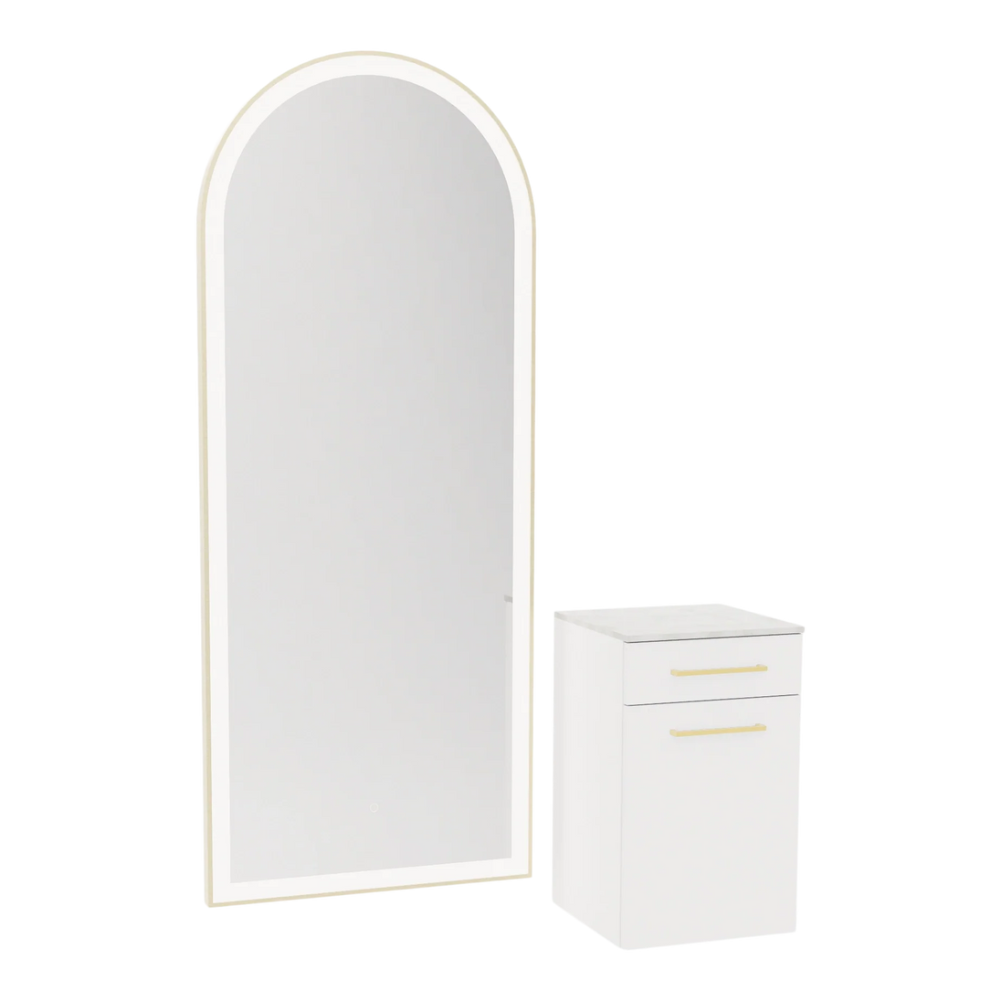 Glo Wall Mount Styling Station with Tilt-out Appliance Holder, Solid Surface Countertop, and Gold Full-Length Arch Paloma Mirror - Kaemark