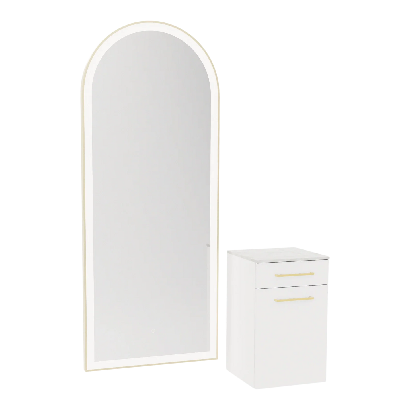 Glo Wall Mount Styling Station with Tilt-out Appliance Holder, Solid Surface Countertop, and Gold Full-Length Arch Paloma Mirror - Kaemark