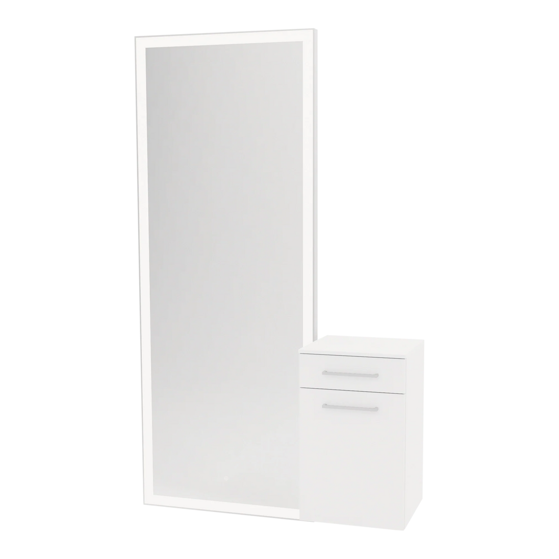 Glo Wall Mount Styling Station with Tilt-out Appliance Holder, Solid Surface Countertop, and Silver Full-Length Rectangle Glo Mirror - Kaemark