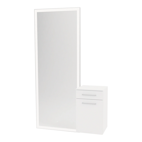 Glo Wall Mount Styling Station with Tilt-out Appliance Holder, Solid Surface Countertop, and Silver Full-Length Rectangle Glo Mirror - Kaemark