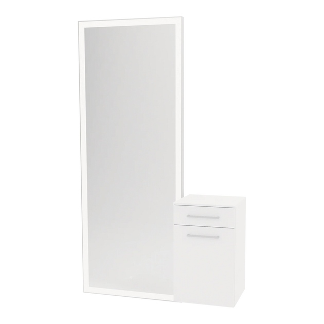 Glo Wall Mount Styling Station with Tilt-out Appliance Holder, Solid Surface Countertop, and Silver Full-Length Rectangle Glo Mirror - Kaemark