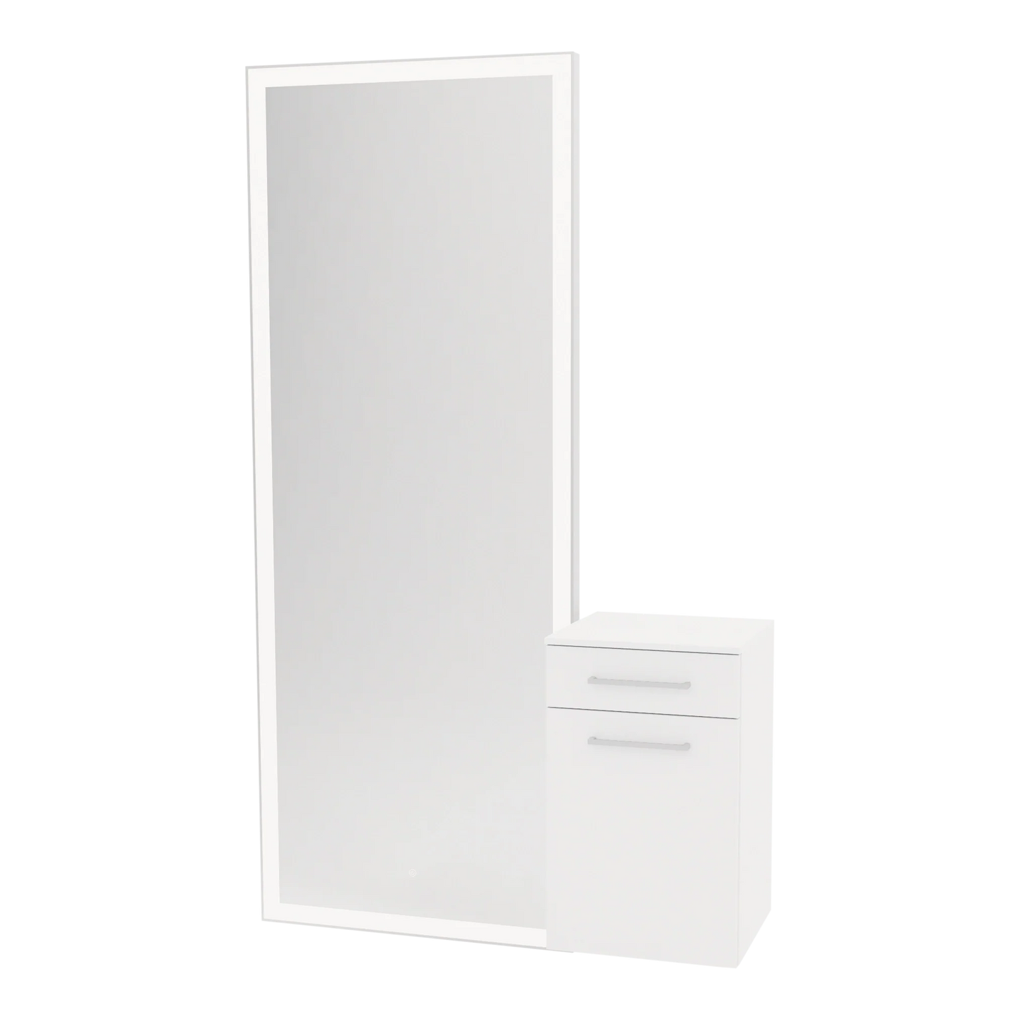 Glo Wall Mount Styling Station with Tilt-out Appliance Holder, Solid Surface Countertop, and Silver Full-Length Rectangle Glo Mirror - Kaemark