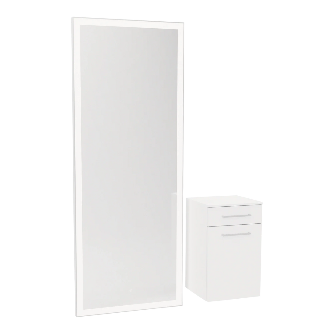 Glo Wall Mount Styling Station with Tilt-out Appliance Holder, Solid Surface Countertop, and Silver Full-Length Rectangle Glo Mirror - Kaemark