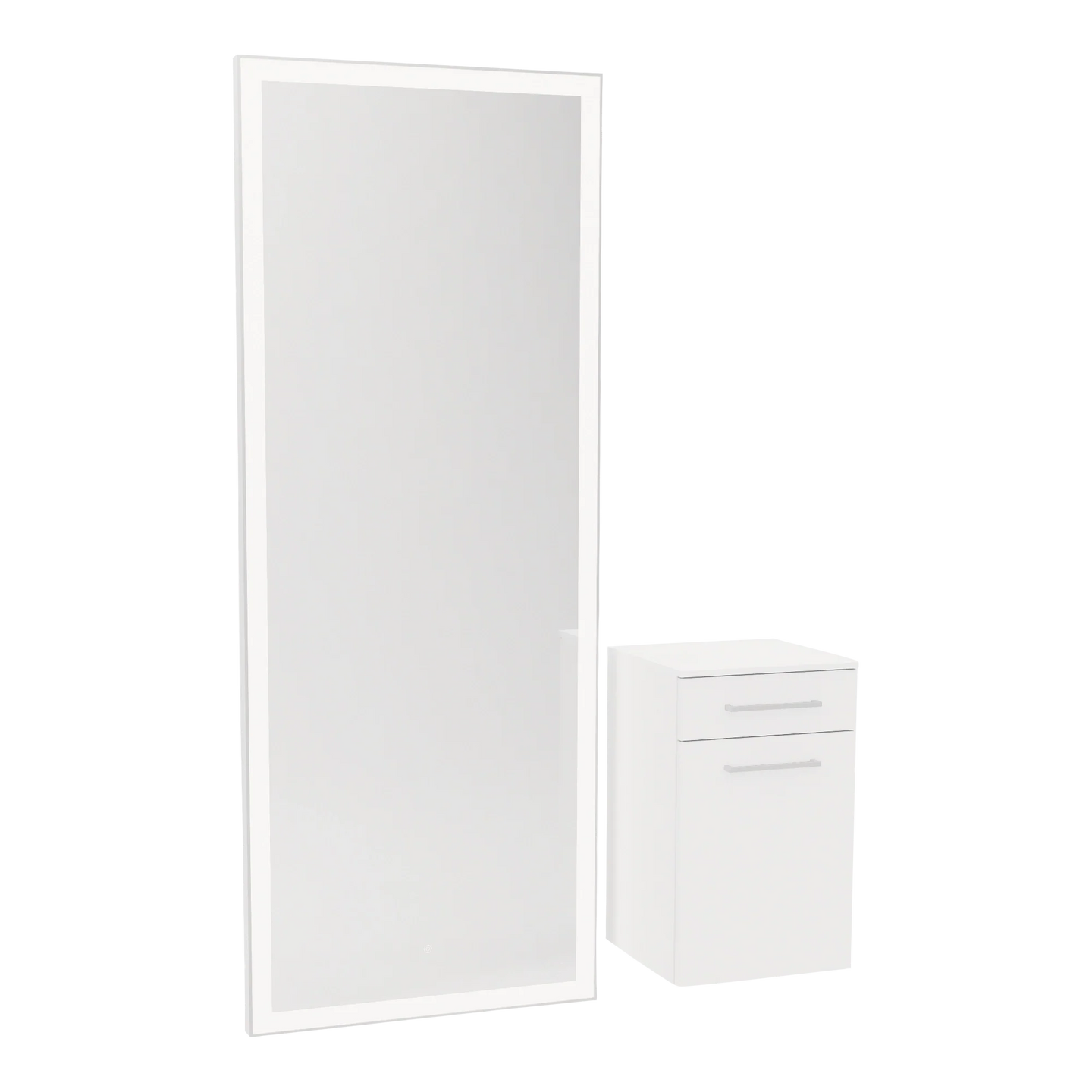 Glo Wall Mount Styling Station with Tilt-out Appliance Holder, Solid Surface Countertop, and Silver Full-Length Rectangle Glo Mirror - Kaemark