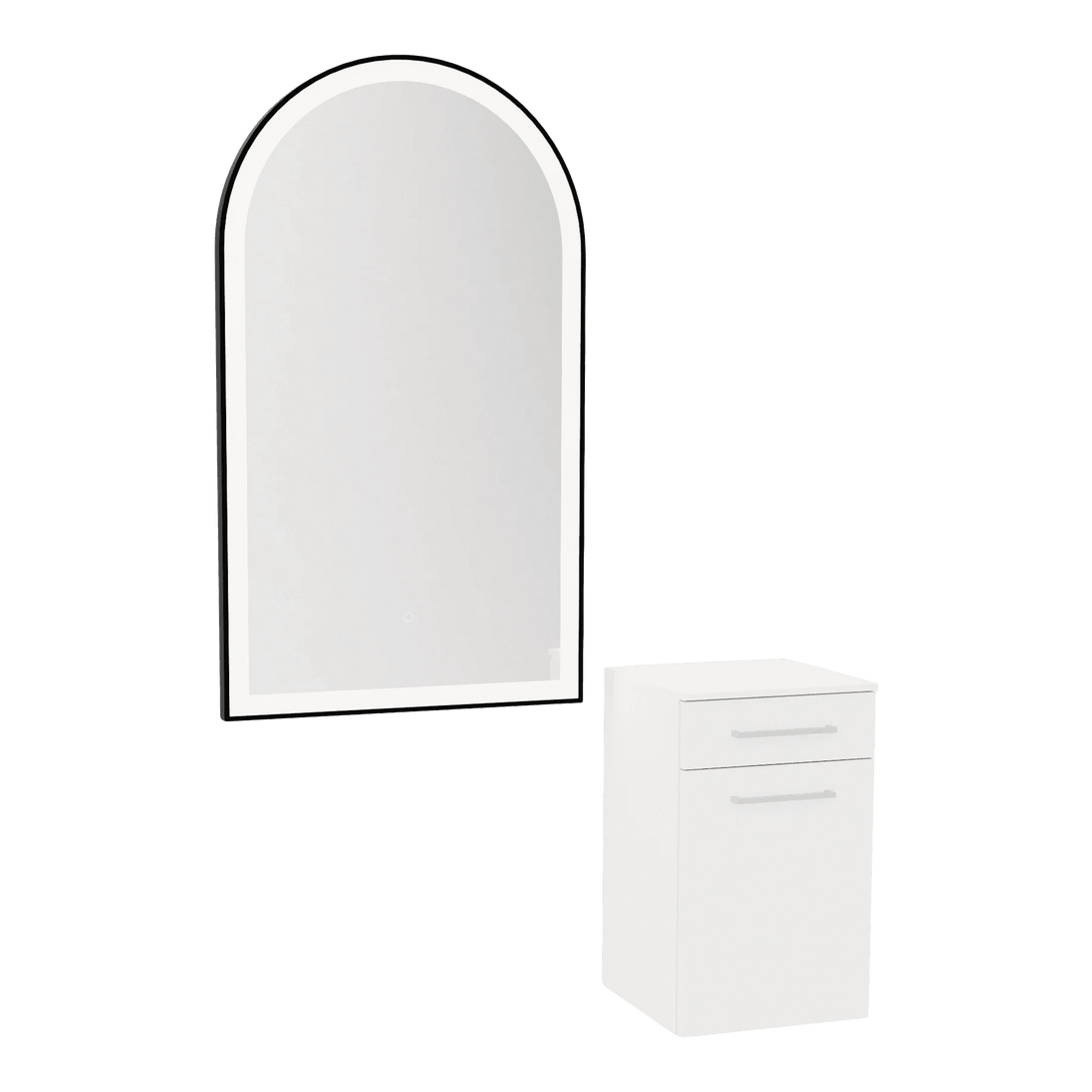 Glo Wall Mount Styling Station with Tilt-out Appliance Holder, Solid Surface Countertop, and Black Arch Paloma Mirror - Kaemark