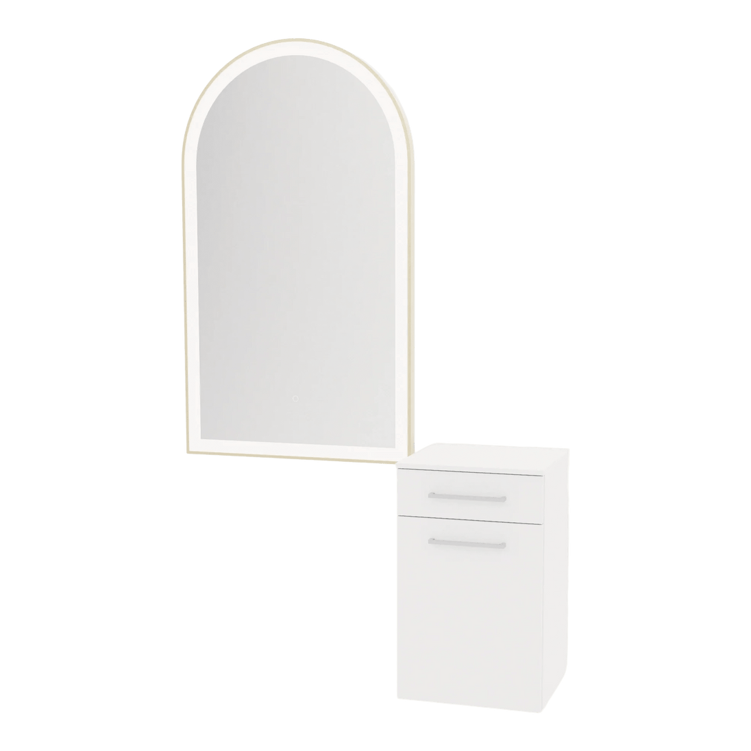 Glo Wall Mount Styling Station with Tilt-out Appliance Holder, Solid Surface Countertop, and Gold Arch Paloma Mirror - Kaemark