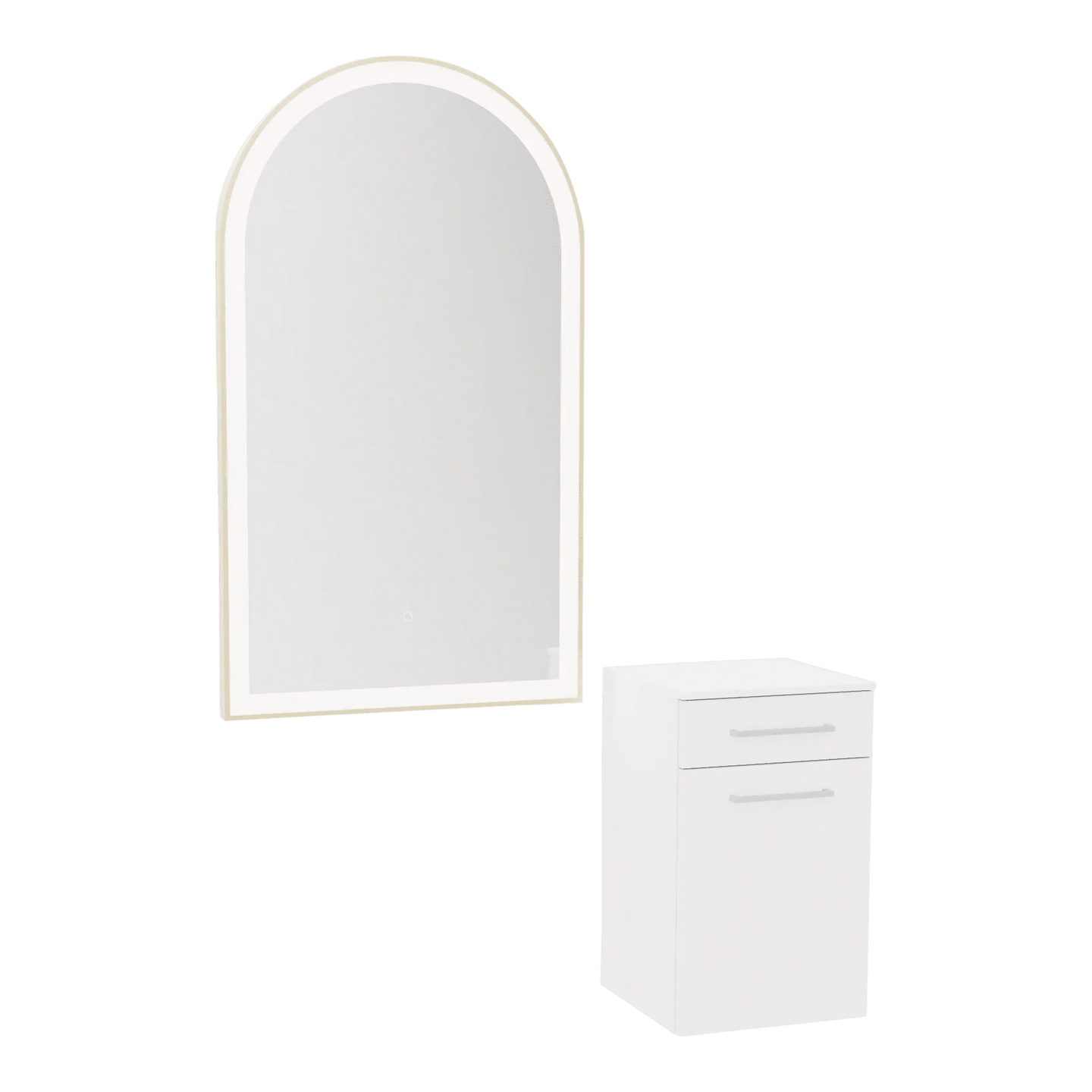 Glo Wall Mount Styling Station with Tilt-out Appliance Holder, Solid Surface Countertop, and Gold Arch Paloma Mirror - Kaemark