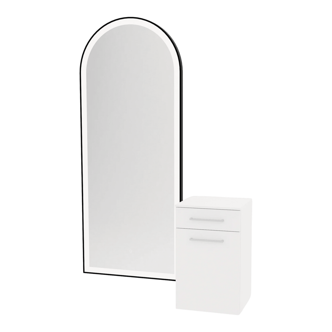 Glo Wall Mount Styling Station with Tilt-out Appliance Holder, Solid Surface Countertop, and Black Full-Length Arch Paloma Mirror - Kaemark