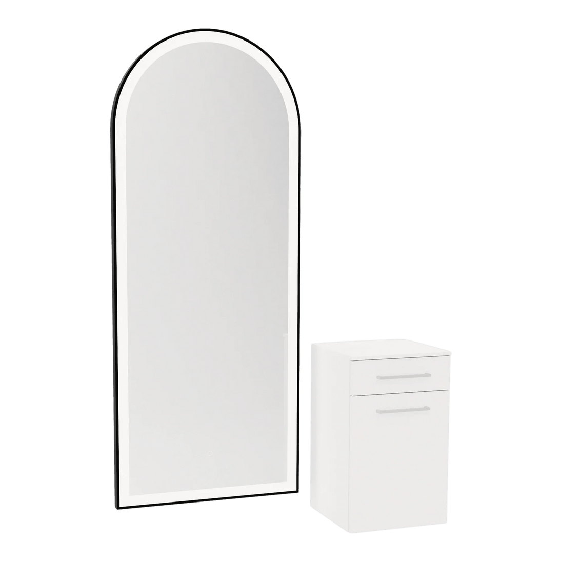 Glo Wall Mount Styling Station with Tilt-out Appliance Holder, Solid Surface Countertop, and Black Full-Length Arch Paloma Mirror - Kaemark