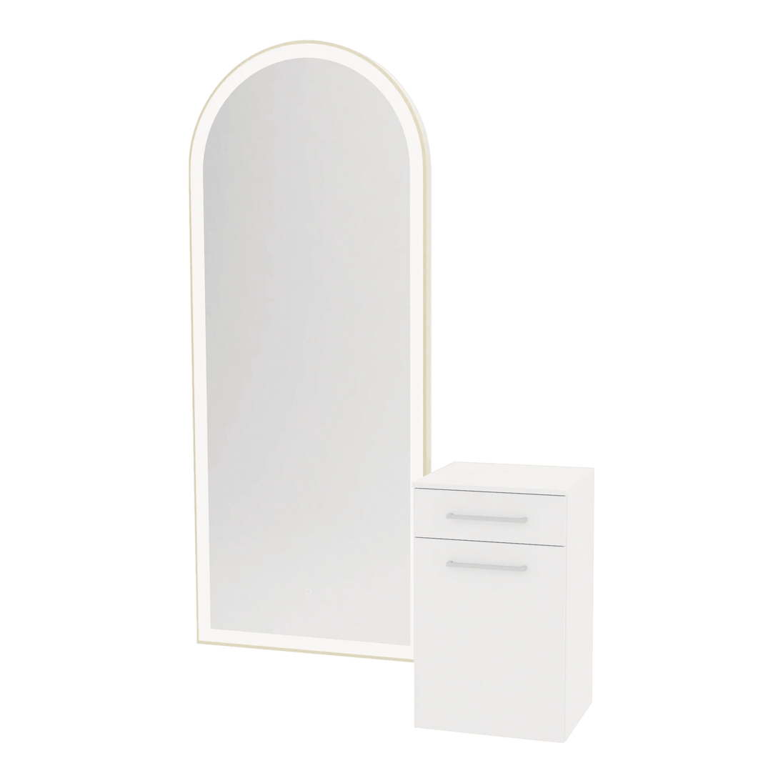 Glo Wall Mount Styling Station with Tilt-out Appliance Holder, Solid Surface Countertop, and Gold Full-Length Arch Paloma Mirror - Kaemark