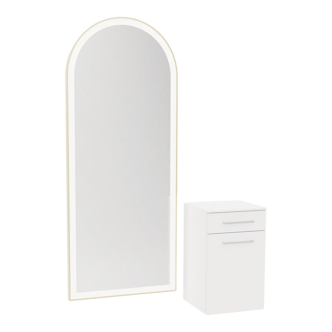 Glo Wall Mount Styling Station with Tilt-out Appliance Holder, Solid Surface Countertop, and Gold Full-Length Arch Paloma Mirror - Kaemark