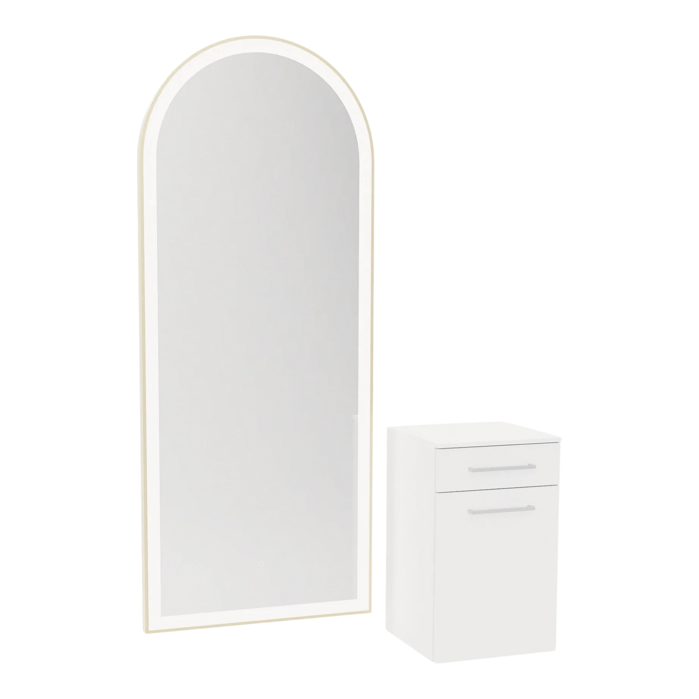 Glo Wall Mount Styling Station with Tilt-out Appliance Holder, Solid Surface Countertop, and Gold Full-Length Arch Paloma Mirror - Kaemark