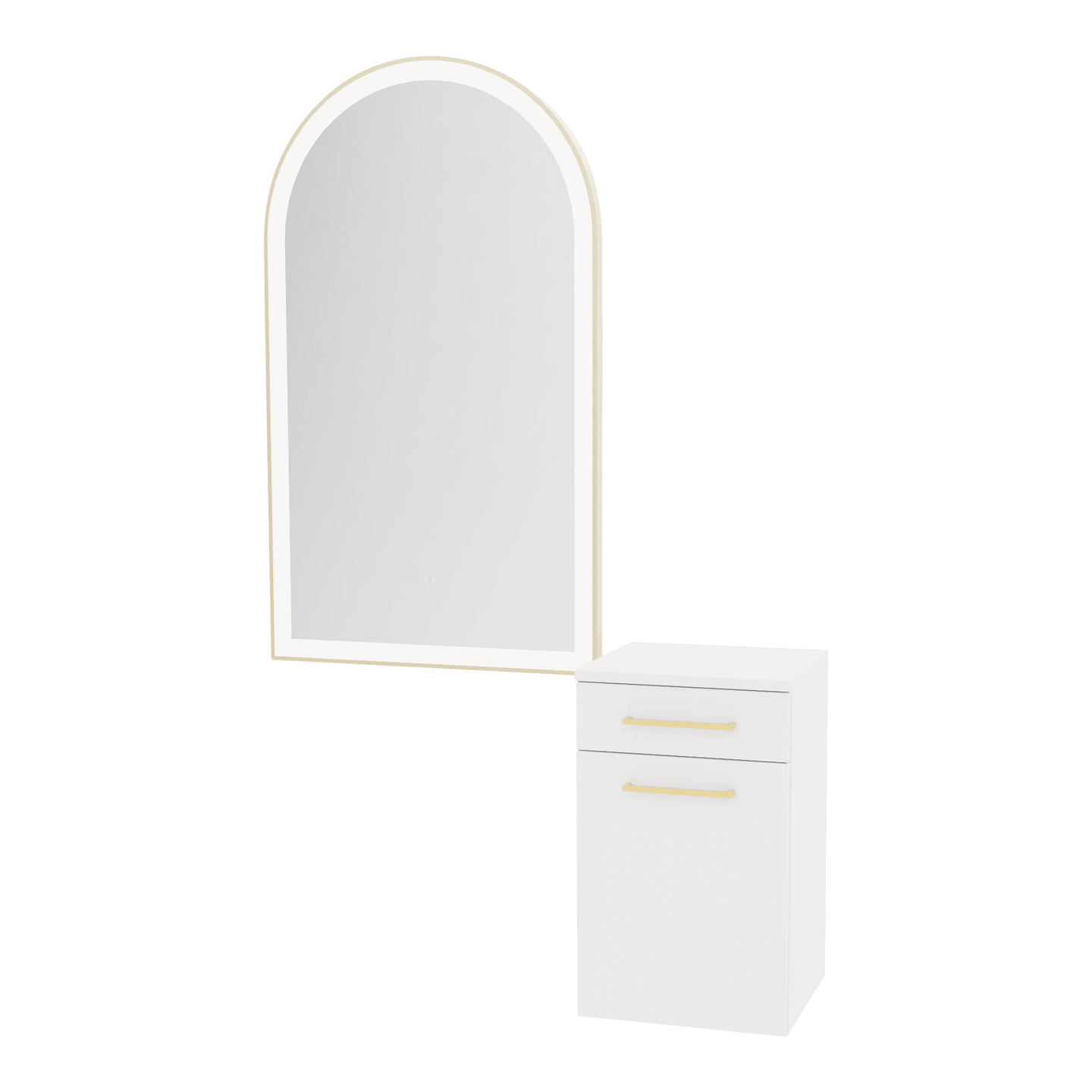 Glo Wall Mount Styling Station with Tilt-out Appliance Holder and Gold Arch Paloma Mirror - Kaemark