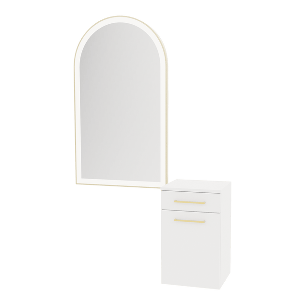Glo Wall Mount Styling Station with Tilt-out Appliance Holder and Gold Arch Paloma Mirror - Kaemark