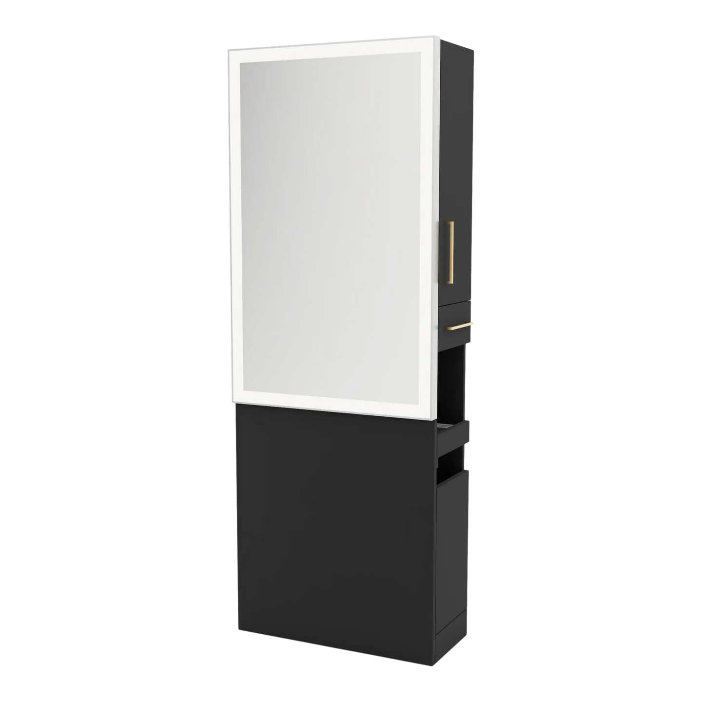Glo Single Operator Styling Station with Pull-out Appliance Holder and Silver Rectangle Glo Mirror - Kaemark