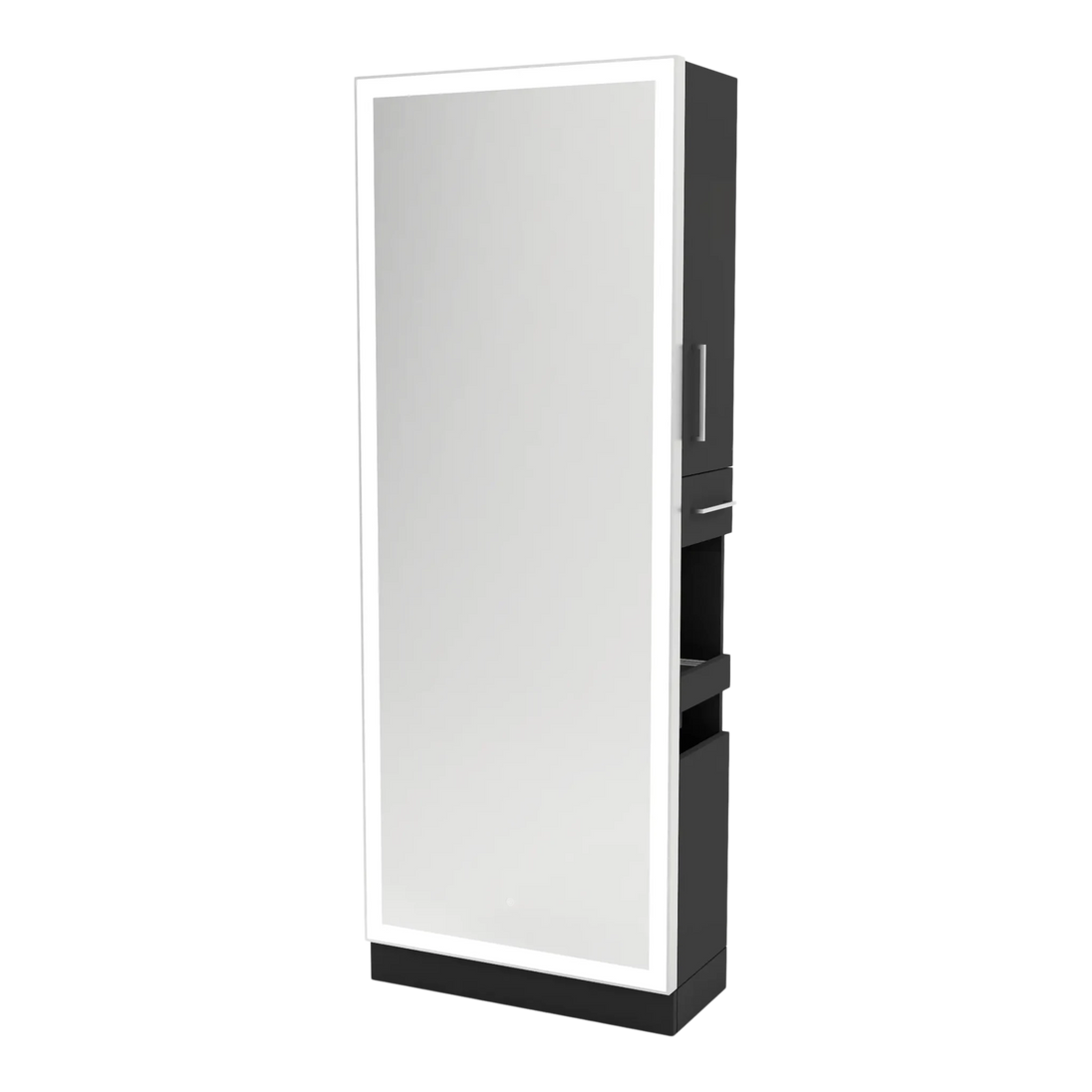 Glo Single Operator Styling Station with Pull-out Appliance Holder, Silver Rectangle Glo Mirror - Kaemark