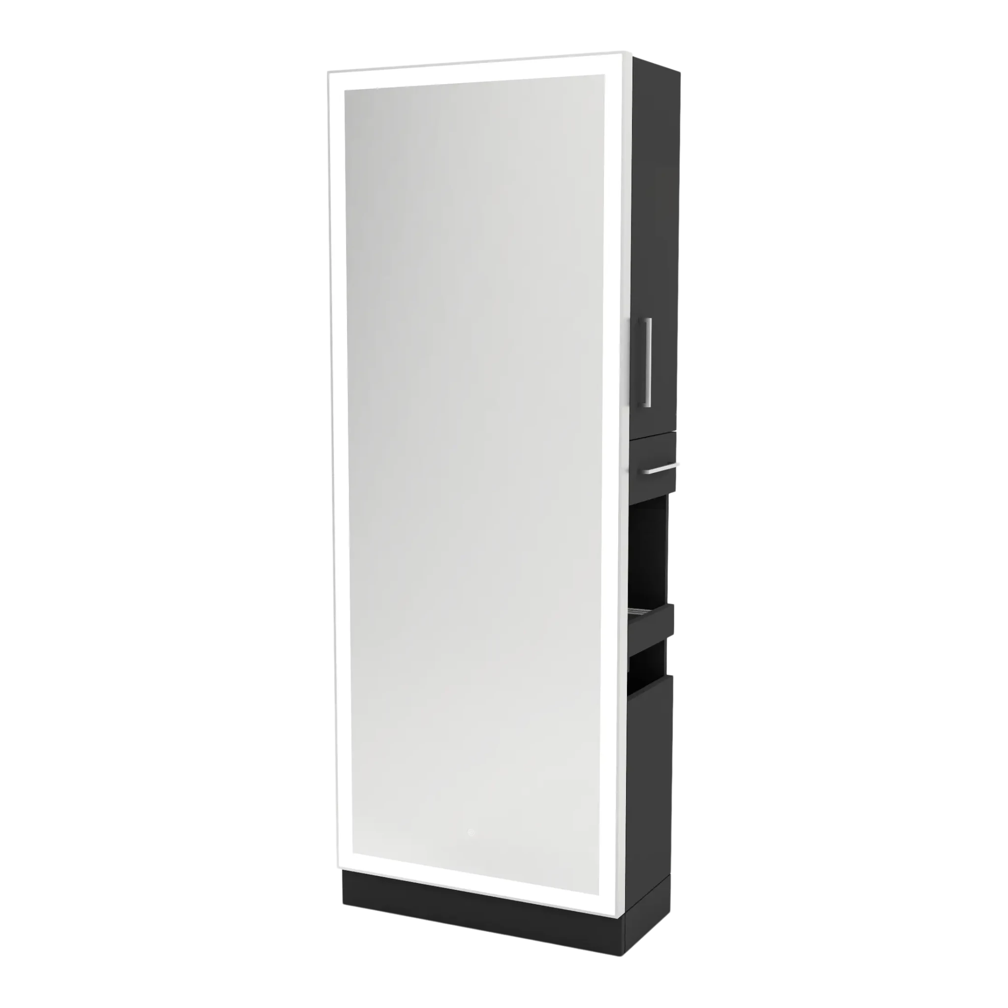 Glo Single Operator Styling Station with Pull-out Appliance Holder, Silver Rectangle Glo Mirror - Kaemark