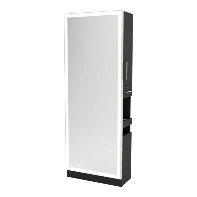 Glo Single Operator Styling Station with Pull-out Appliance Holder, Silver Rectangle Glo Mirror - Kaemark