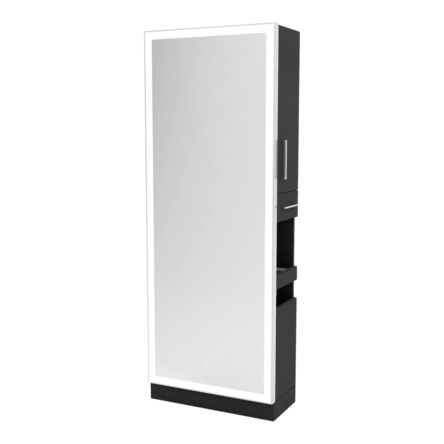 Glo Single Operator Styling Station with Pull-out Appliance Holder, Silver Rectangle Glo Mirror - Kaemark