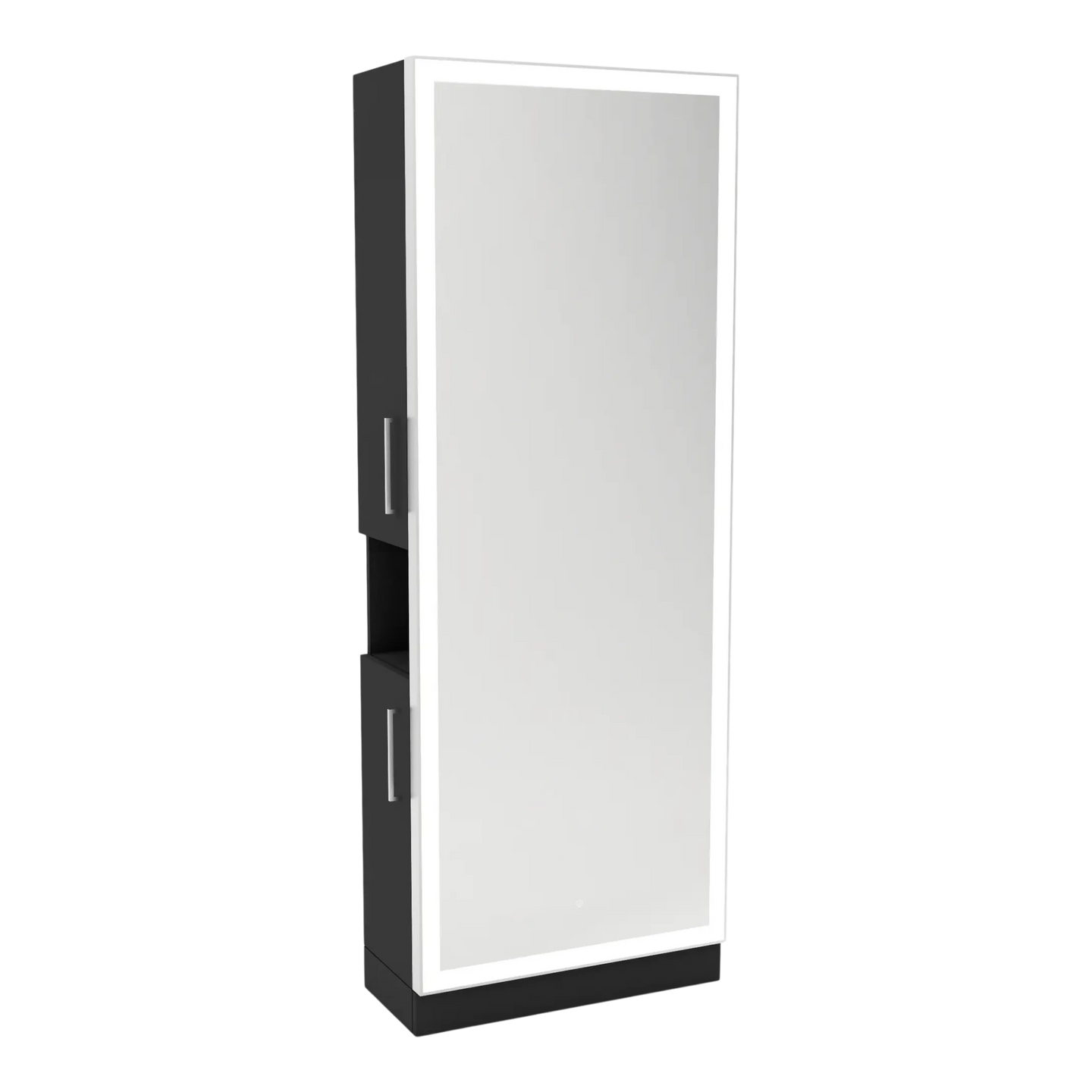 Glo Single Operator Styling Station with Pull-out Appliance Holder, Silver Rectangle Glo Mirror - Kaemark