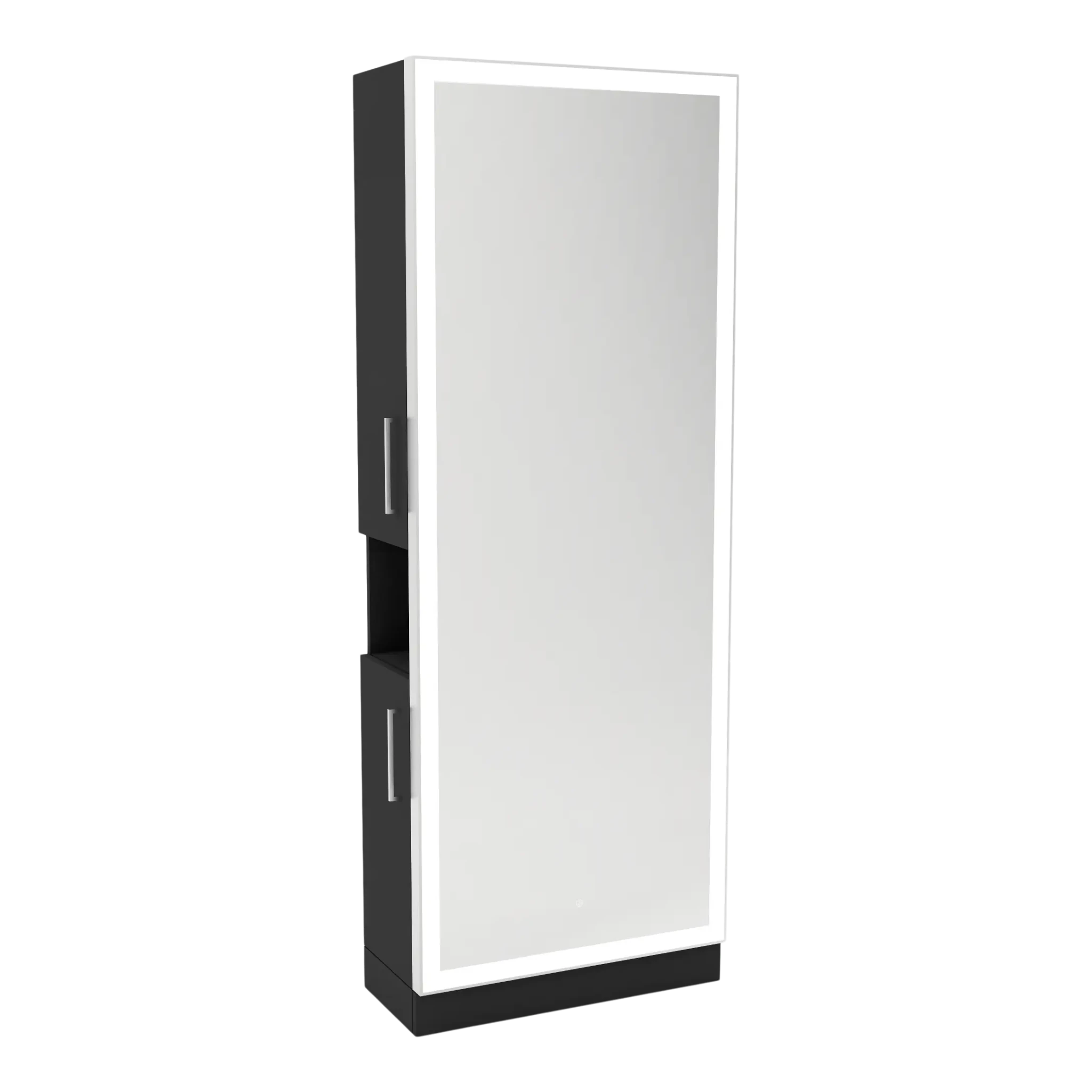 Glo Single Operator Styling Station with Pull-out Appliance Holder, Silver Rectangle Glo Mirror - Kaemark