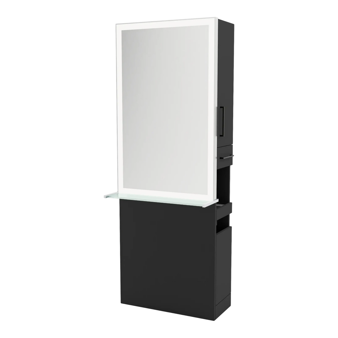 Glo Single Operator Styling Station with Pull-out Appliance Holder, Glass Shelf and Silver Rectangle Glo Mirror - Kaemark