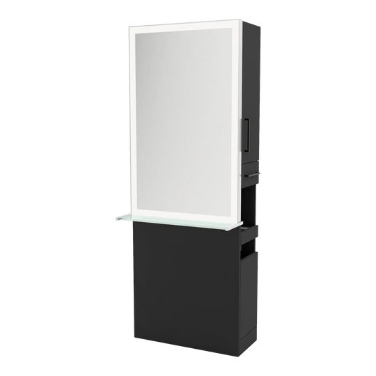 Glo Single Operator Styling Station with Pull-out Appliance Holder, Glass Shelf and Silver Rectangle Glo Mirror - Kaemark