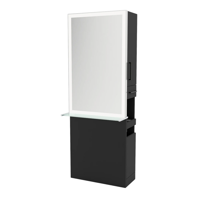 Glo Single Operator Styling Station with Pull-out Appliance Holder, Glass Shelf and Silver Rectangle Glo Mirror - Kaemark