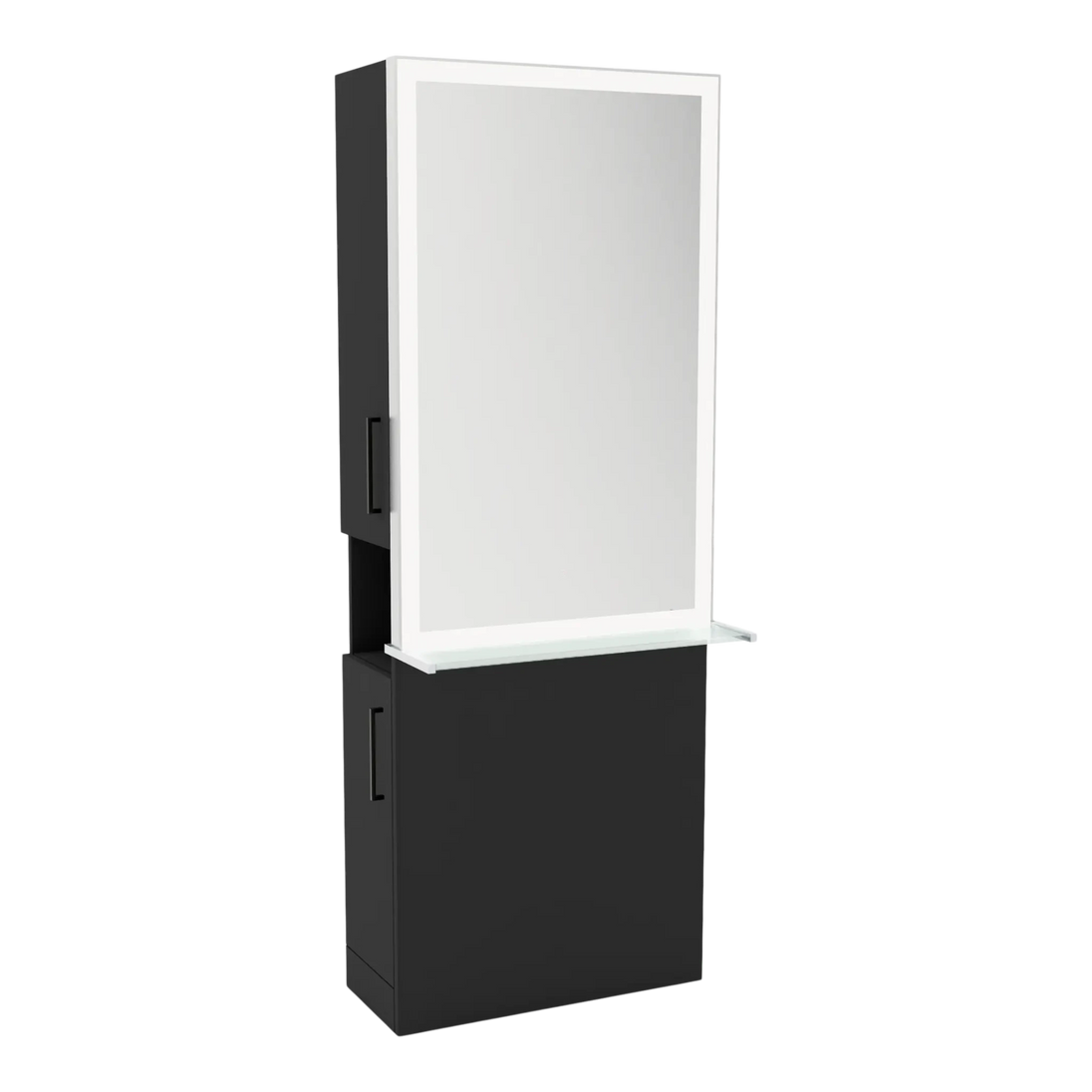 Glo Single Operator Styling Station with Pull-out Appliance Holder, Glass Shelf and Silver Rectangle Glo Mirror - Kaemark